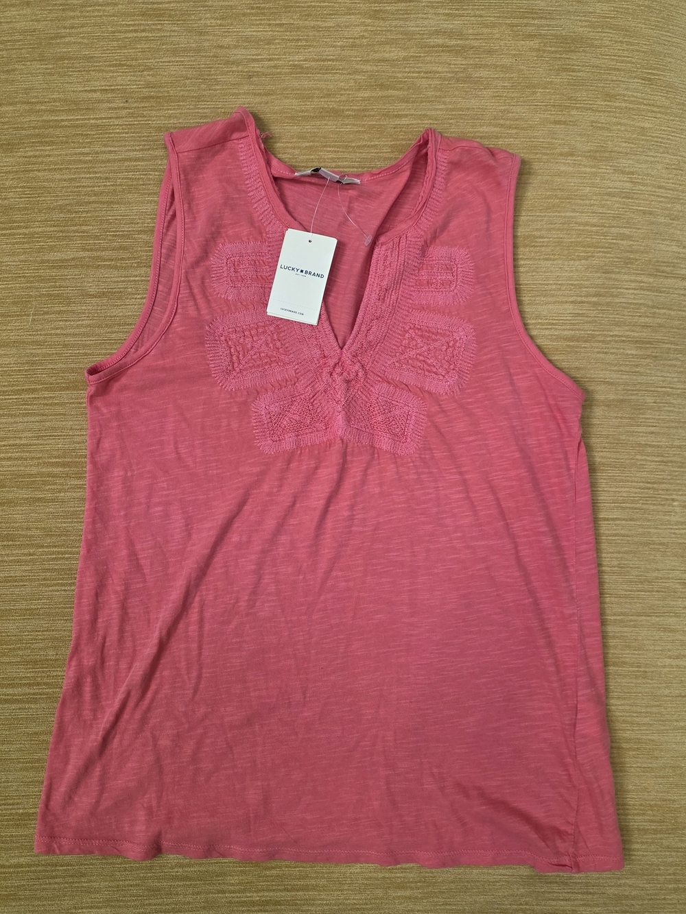 Lucky Brand Coral Pink Embroidered V-Notch Tank NWT Small
